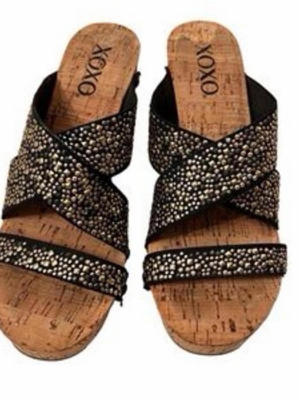 XOXO Black Rhinestone Cork Slide Sandals